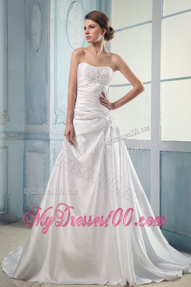Diamonds Ruching and Appliques Decorated Brush Train Dresses for Wedding