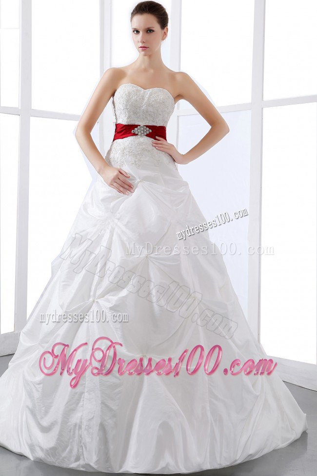 Chapel Train Appliqued Dresses for Wedding in White with Red Beaded Sash
