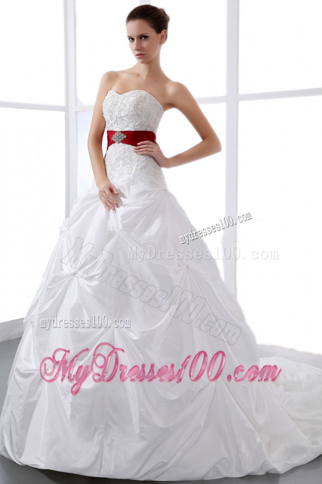 Chapel Train Appliqued Dresses for Wedding in White with Red Beaded Sash