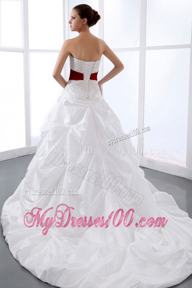 Chapel Train Appliqued Dresses for Wedding in White with Red Beaded Sash