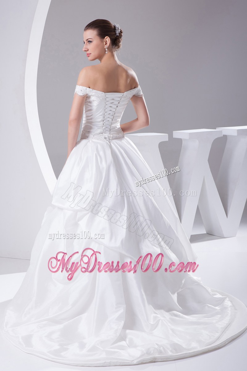 Off The Shoulder Court Train Wedding Bridal Gowns with A Big Rolling Flower