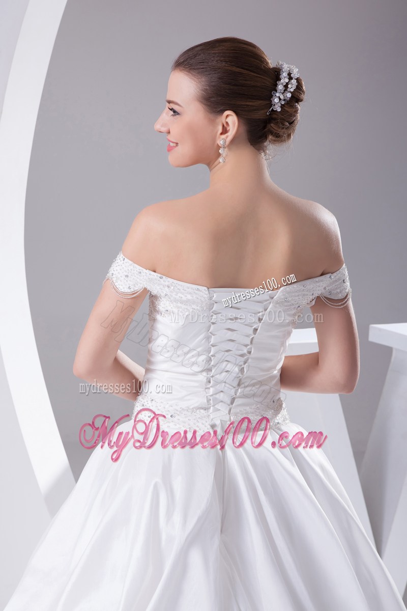 Off The Shoulder Court Train Wedding Bridal Gowns with A Big Rolling Flower
