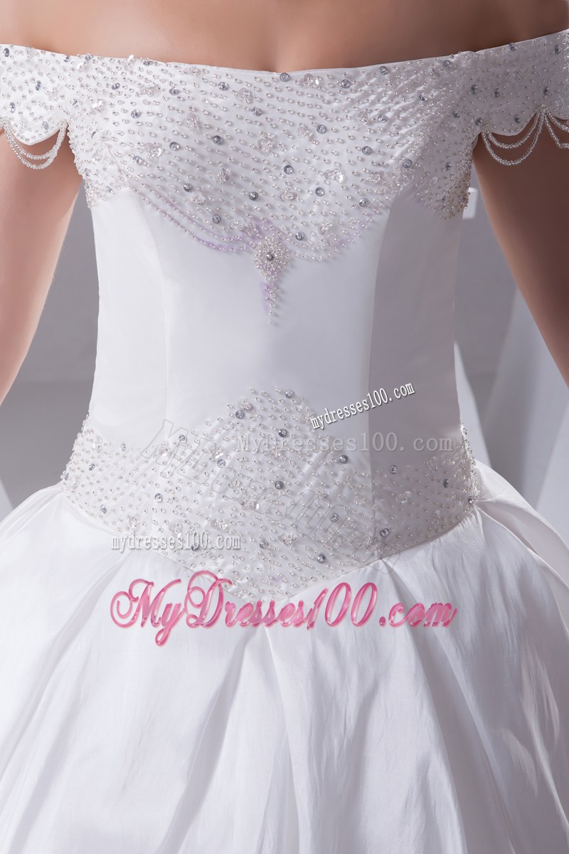 Off The Shoulder Court Train Wedding Bridal Gowns with A Big Rolling Flower