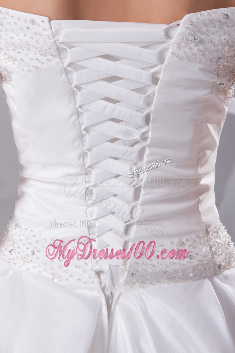 Off The Shoulder Court Train Wedding Bridal Gowns with A Big Rolling Flower