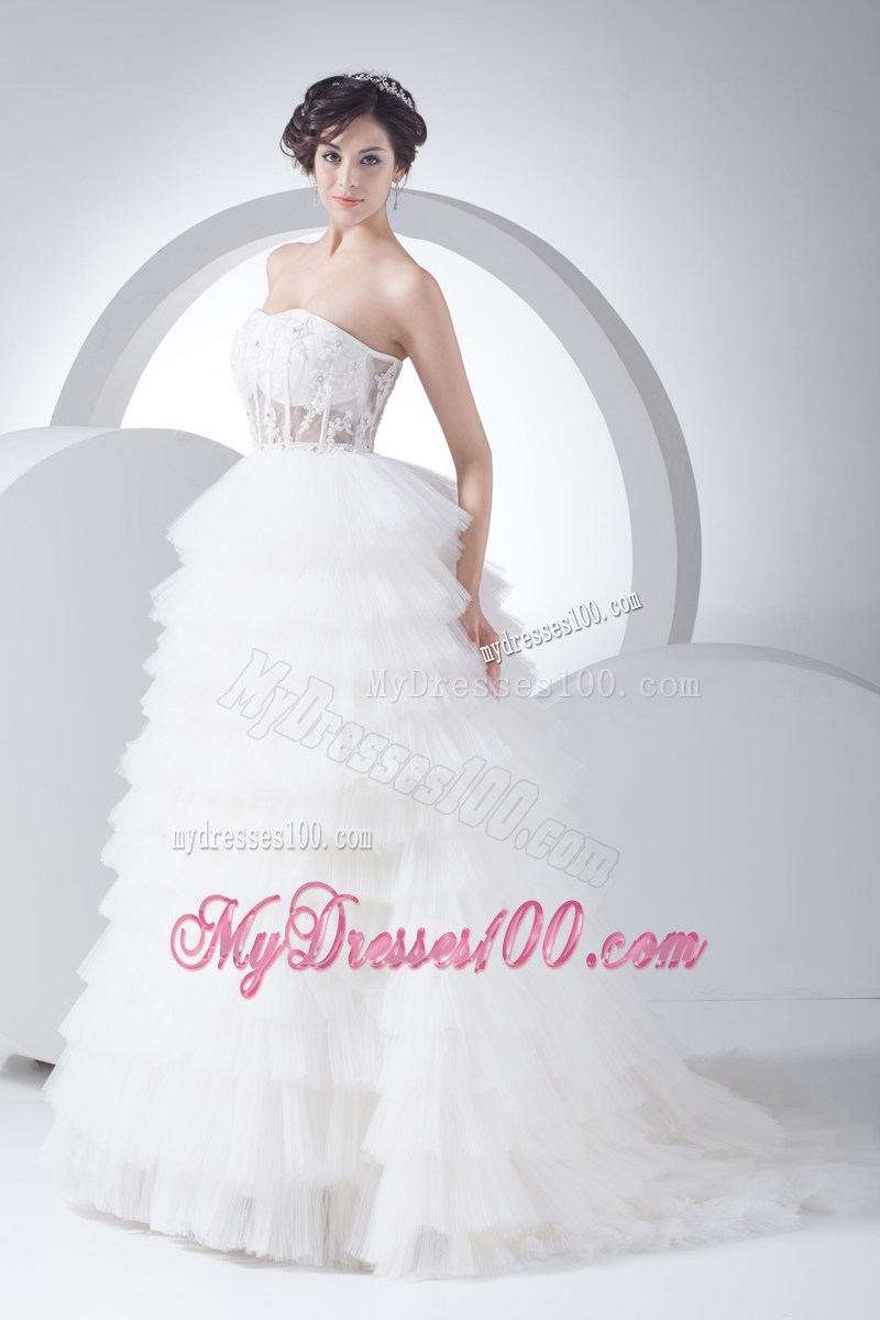 Appliques and Diamonds Ruffled Layers Dresses for Wedding with Sheer Back