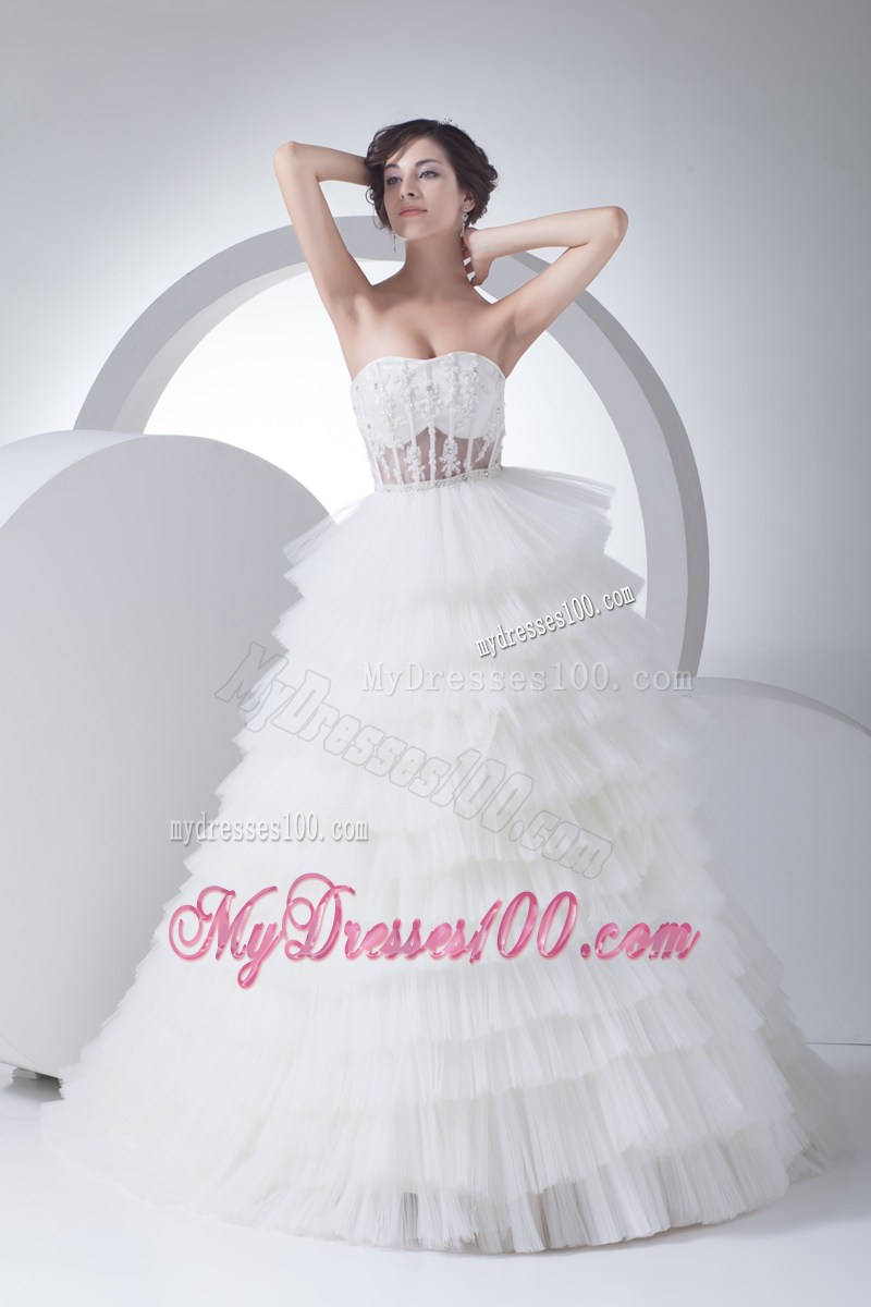 Appliques and Diamonds Ruffled Layers Dresses for Wedding with Sheer Back