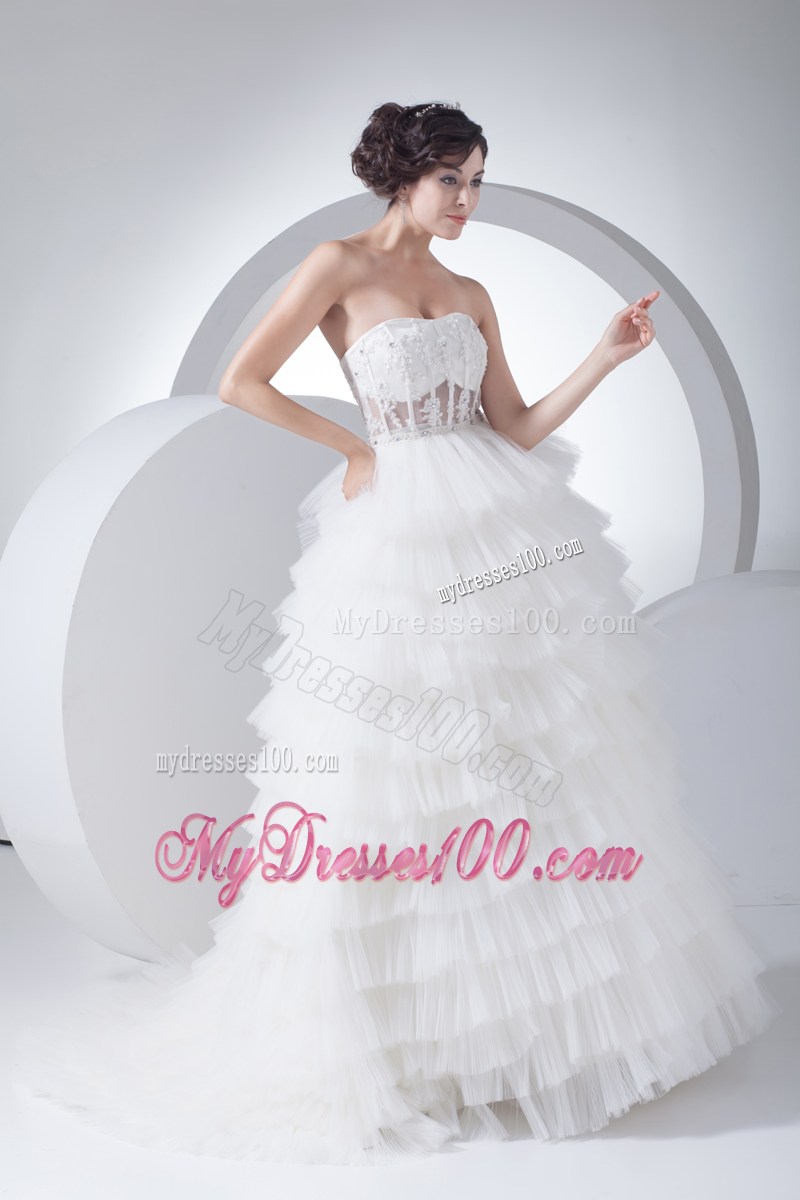 Appliques and Diamonds Ruffled Layers Dresses for Wedding with Sheer Back