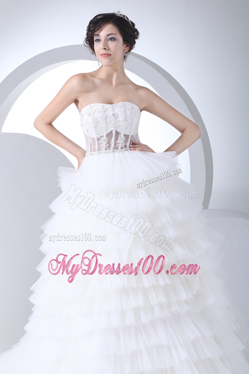 Appliques and Diamonds Ruffled Layers Dresses for Wedding with Sheer Back