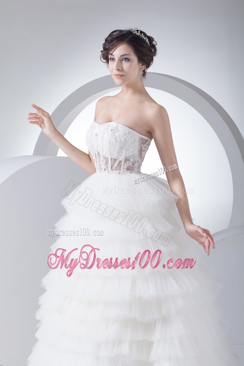 Appliques and Diamonds Ruffled Layers Dresses for Wedding with Sheer Back