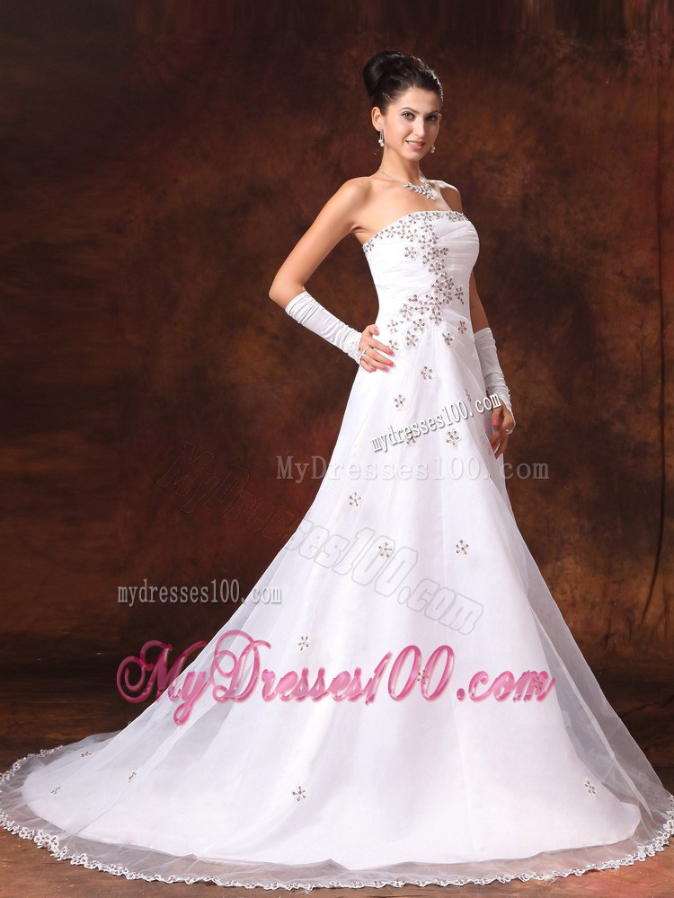 A-line Strapless Court Train White Wedding Gown with Floral Appliques