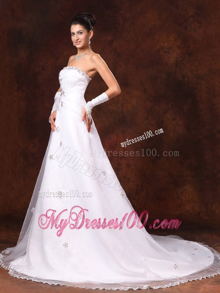 A-line Strapless Court Train White Wedding Gown with Floral Appliques