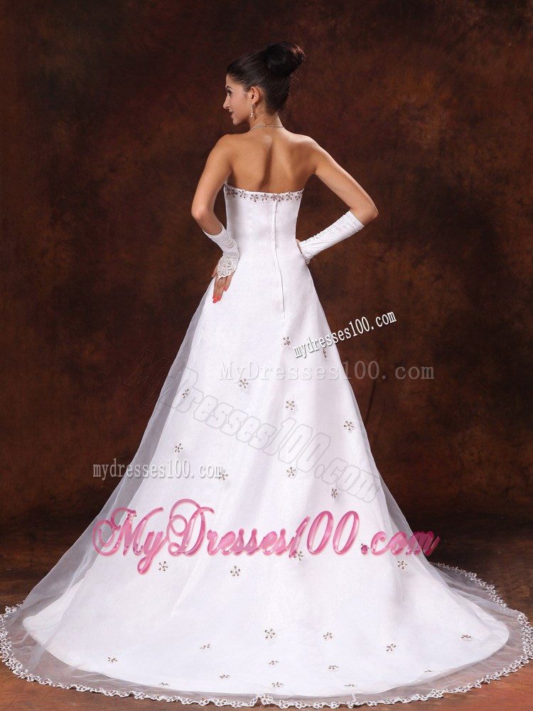 A-line Strapless Court Train White Wedding Gown with Floral Appliques