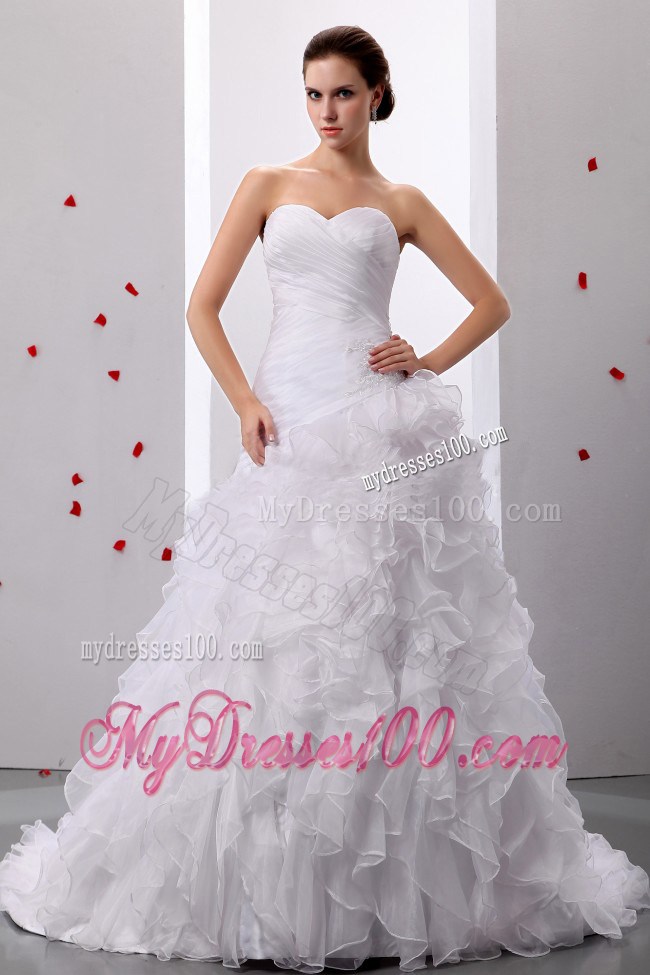 Ruching Ruffles and Beading Decorated Court Train Sweetheart Bridal Gowns