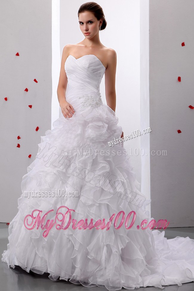 Ruching Ruffles and Beading Decorated Court Train Sweetheart Bridal Gowns