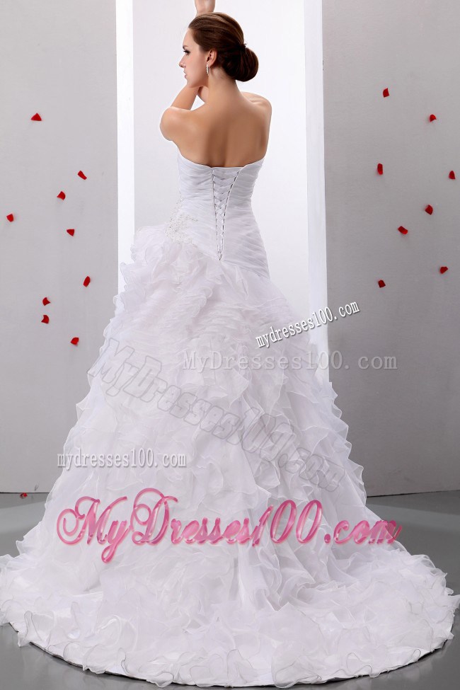 Ruching Ruffles and Beading Decorated Court Train Sweetheart Bridal Gowns