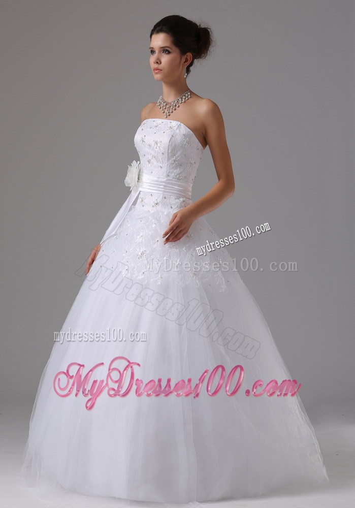 Lace Flowers Strapless Dress for Brides with Ruched Handle Flowers Sash