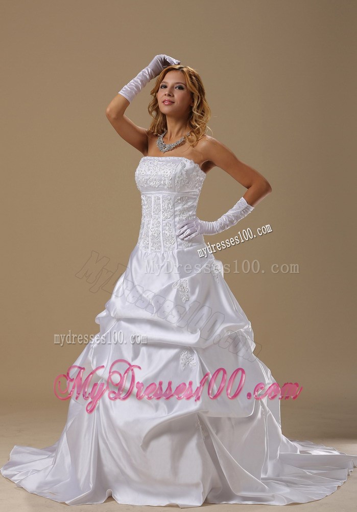 Beading Appliques and Pick-ups Decorated Sweep Train Strapless Wedding Dress