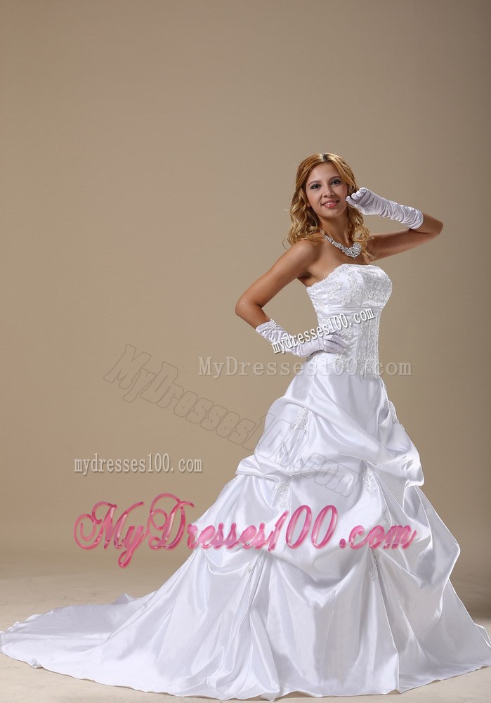 Beading Appliques and Pick-ups Decorated Sweep Train Strapless Wedding Dress