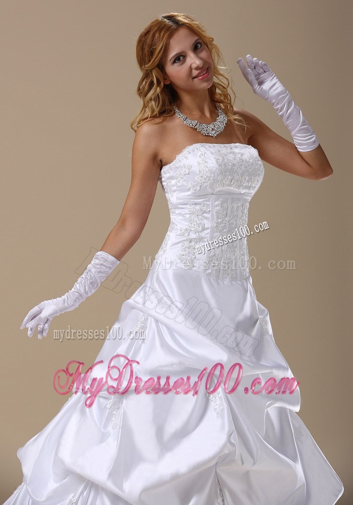 Beading Appliques and Pick-ups Decorated Sweep Train Strapless Wedding Dress