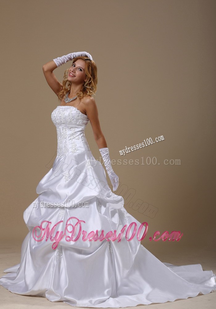 Beading Appliques and Pick-ups Decorated Sweep Train Strapless Wedding Dress