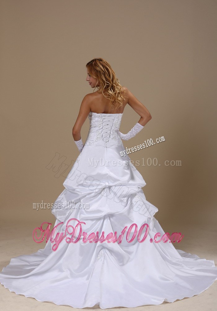 Beading Appliques and Pick-ups Decorated Sweep Train Strapless Wedding Dress