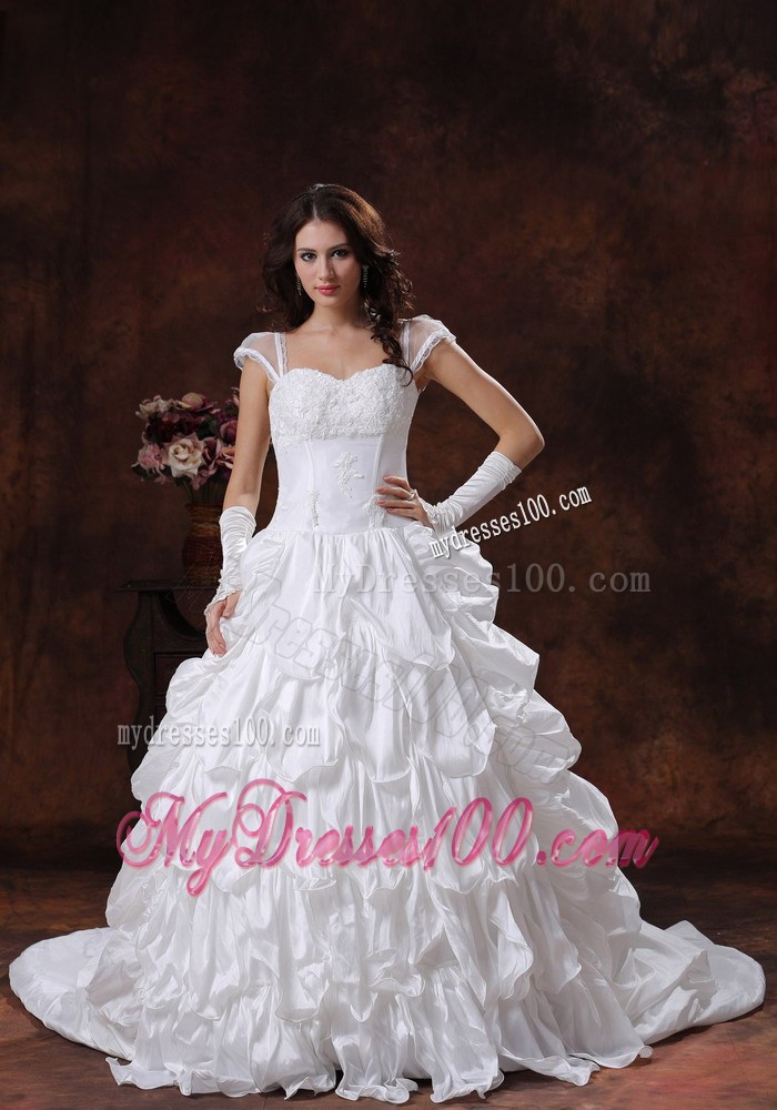 Appliques and Pick-ups Court Train Wedding Dresses with Sheer Cap Sleeves