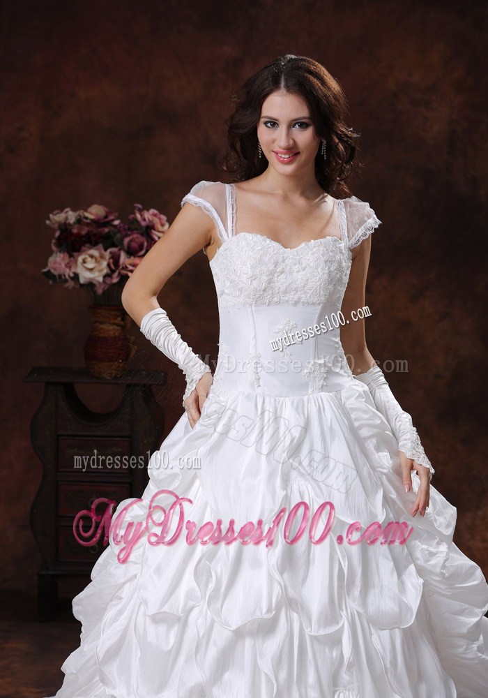 Appliques and Pick-ups Court Train Wedding Dresses with Sheer Cap Sleeves