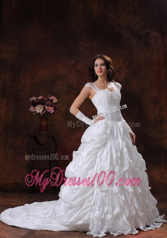 Appliques and Pick-ups Court Train Wedding Dresses with Sheer Cap Sleeves