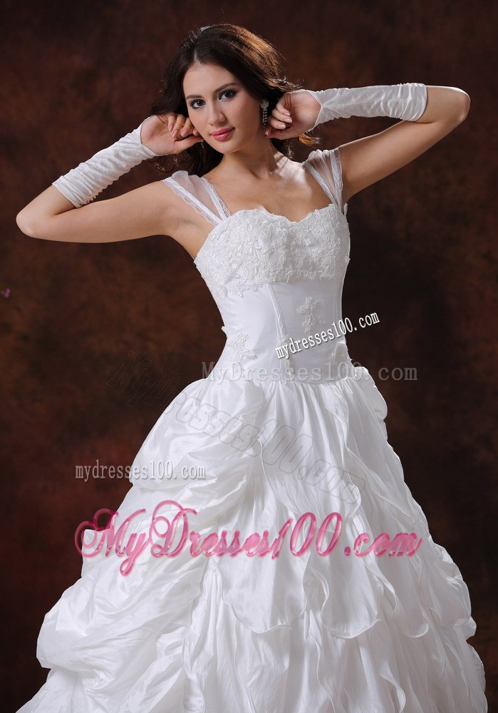 Appliques and Pick-ups Court Train Wedding Dresses with Sheer Cap Sleeves