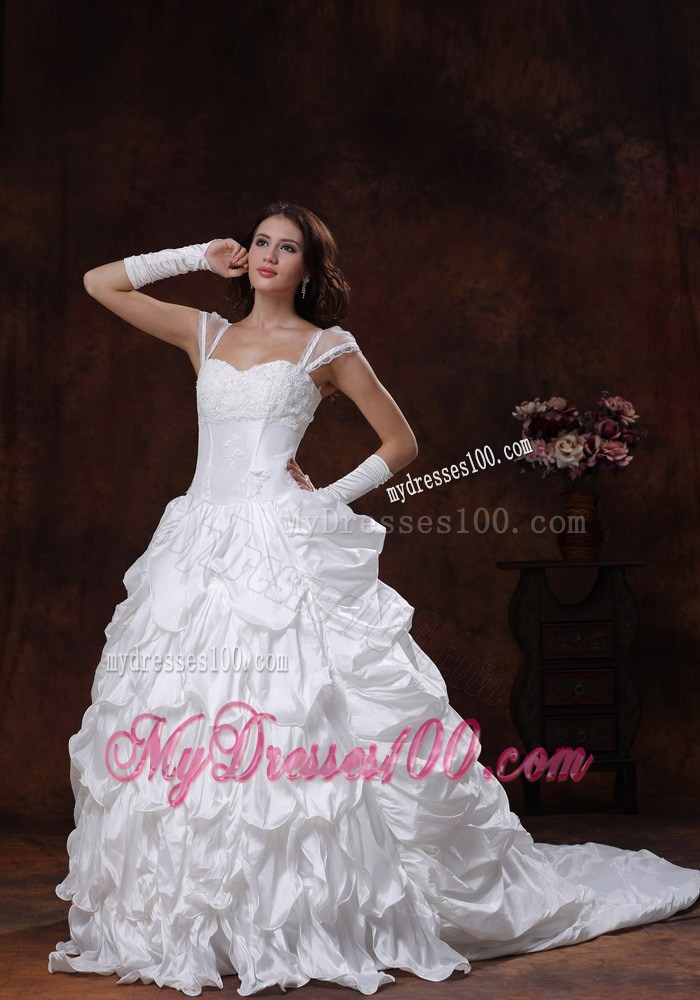 Appliques and Pick-ups Court Train Wedding Dresses with Sheer Cap Sleeves