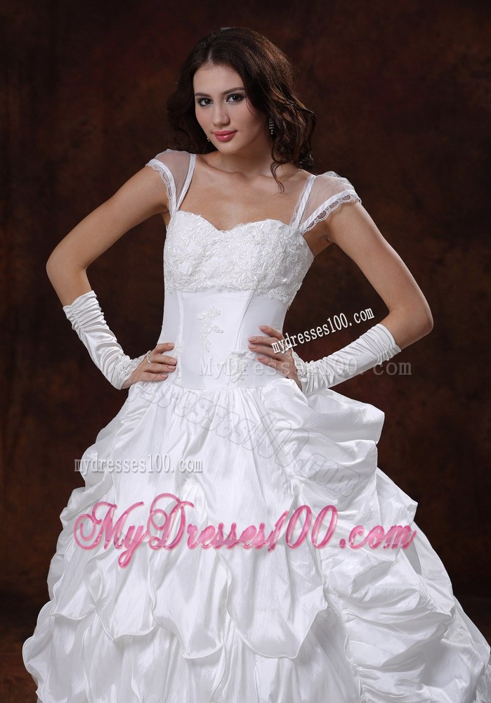 Appliques and Pick-ups Court Train Wedding Dresses with Sheer Cap Sleeves