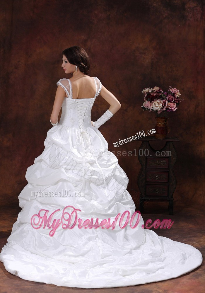 Appliques and Pick-ups Court Train Wedding Dresses with Sheer Cap Sleeves