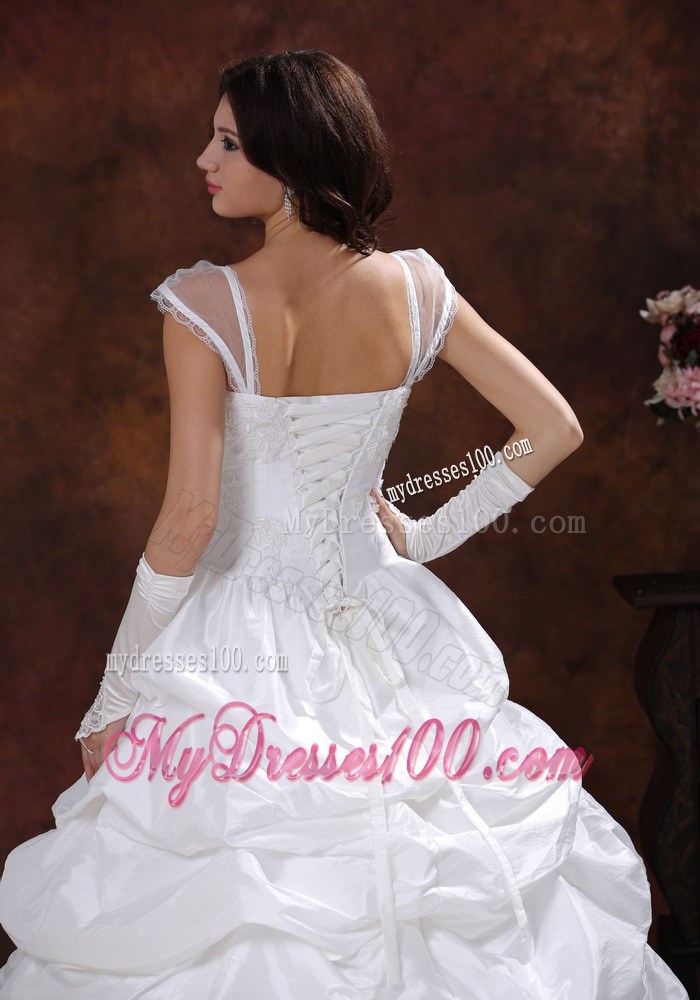 Appliques and Pick-ups Court Train Wedding Dresses with Sheer Cap Sleeves