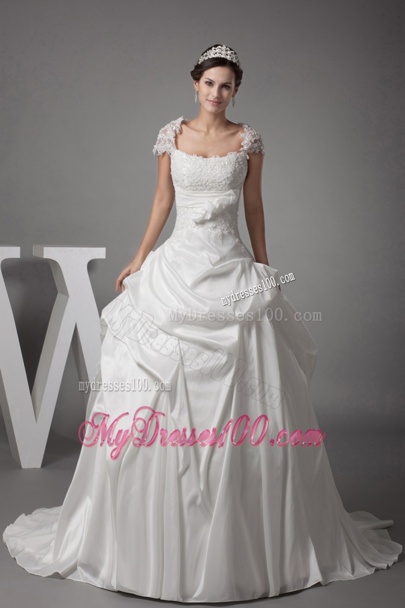 Lace Flowers Cap Sleeves Puffy Back Out Bridal Dresses with Brush Train