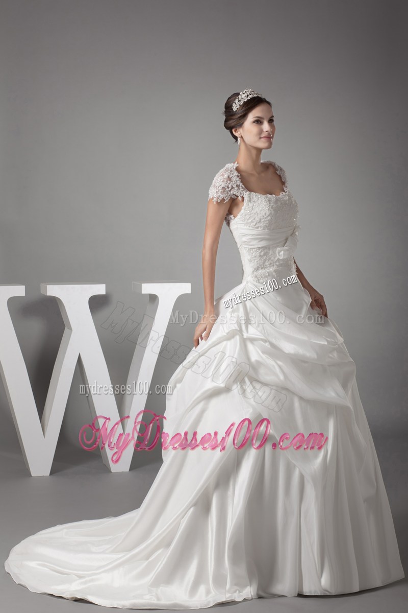 Lace Flowers Cap Sleeves Puffy Back Out Bridal Dresses with Brush Train