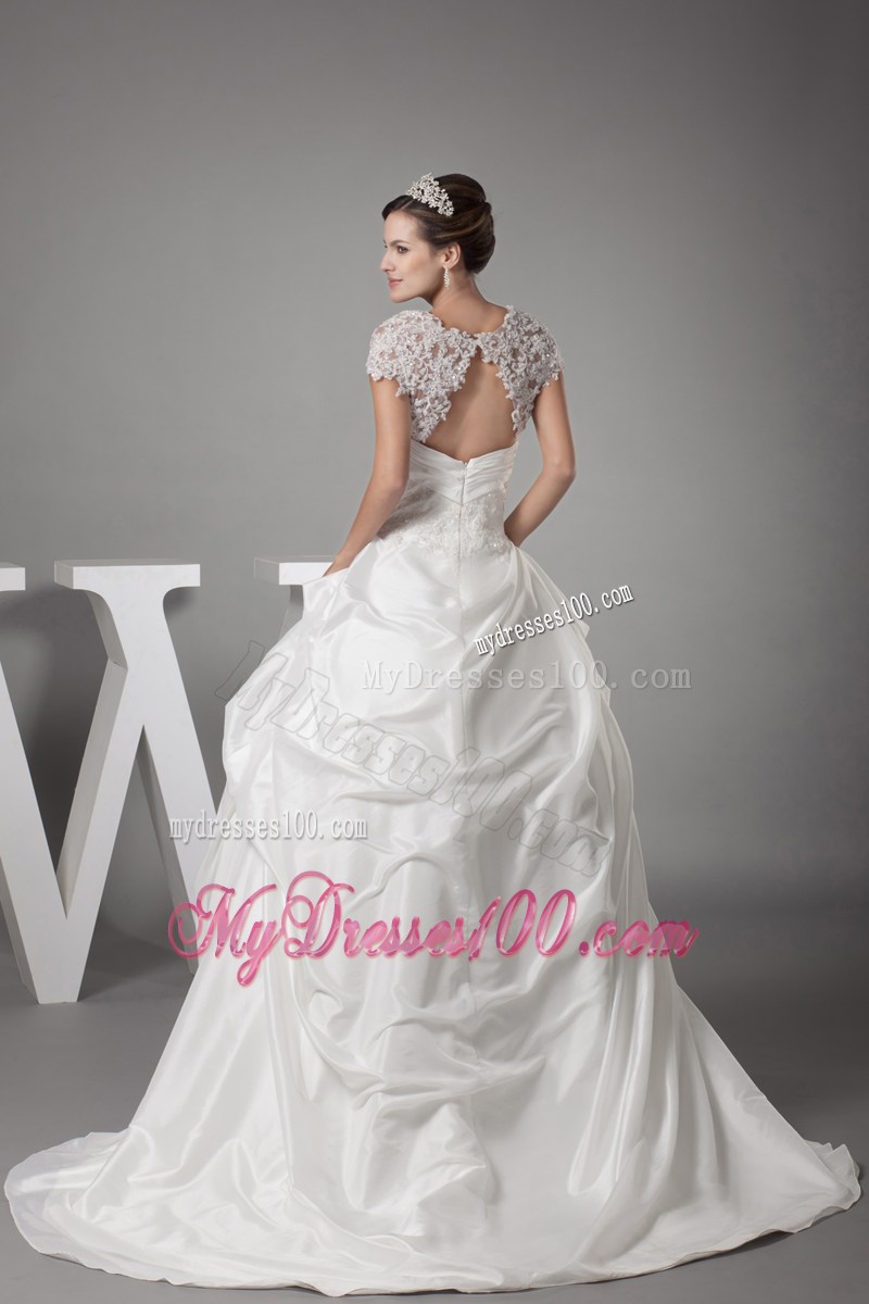 Lace Flowers Cap Sleeves Puffy Back Out Bridal Dresses with Brush Train
