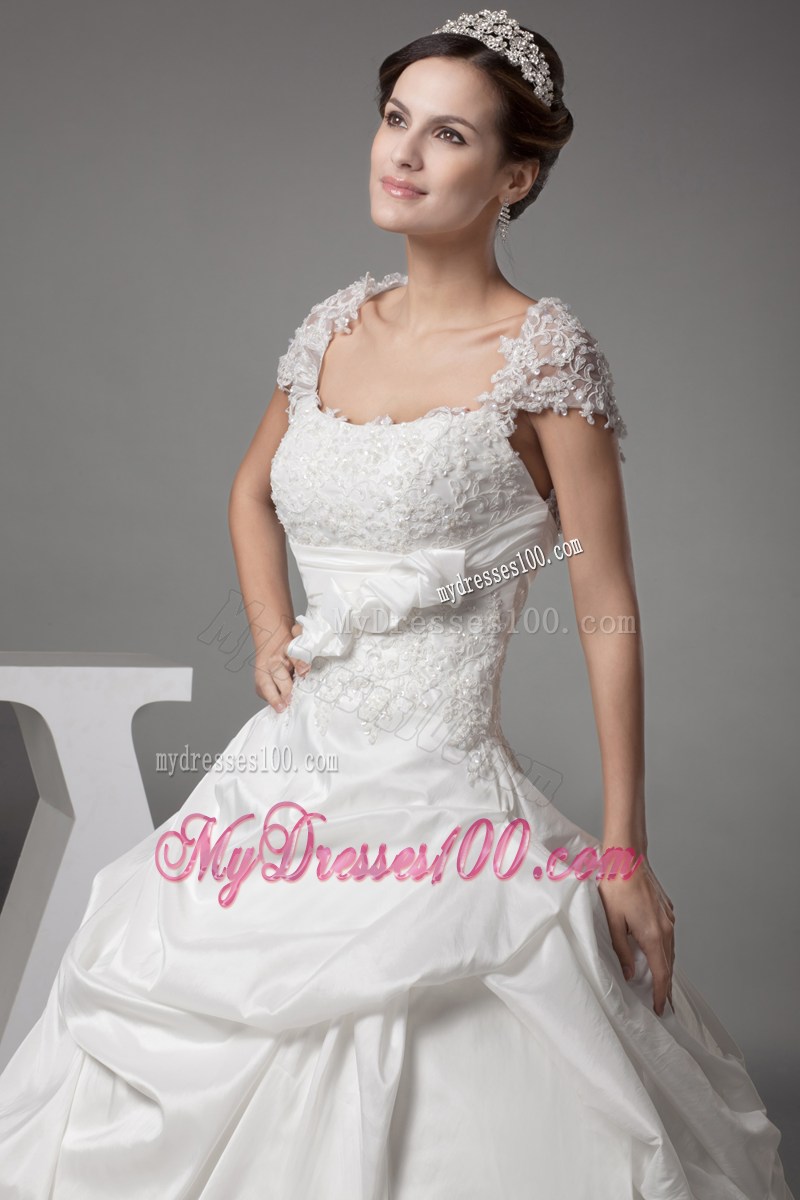 Lace Flowers Cap Sleeves Puffy Back Out Bridal Dresses with Brush Train