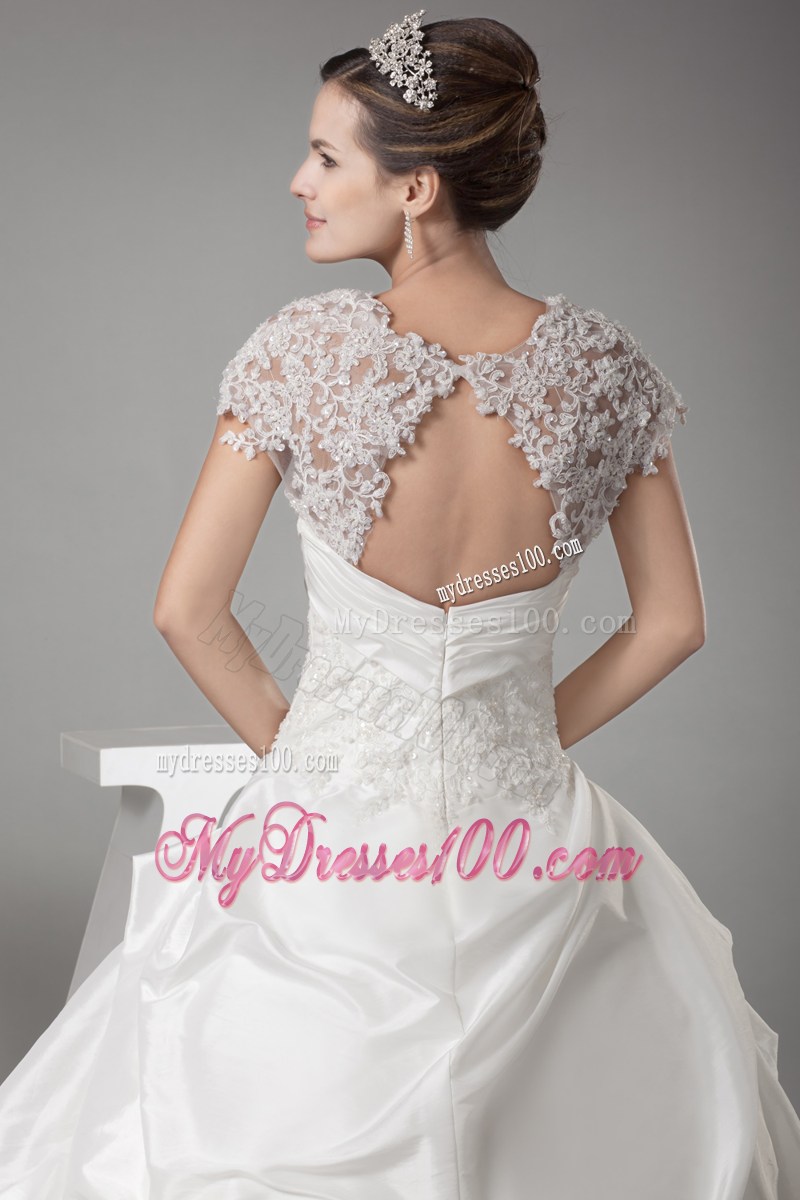Lace Flowers Cap Sleeves Puffy Back Out Bridal Dresses with Brush Train
