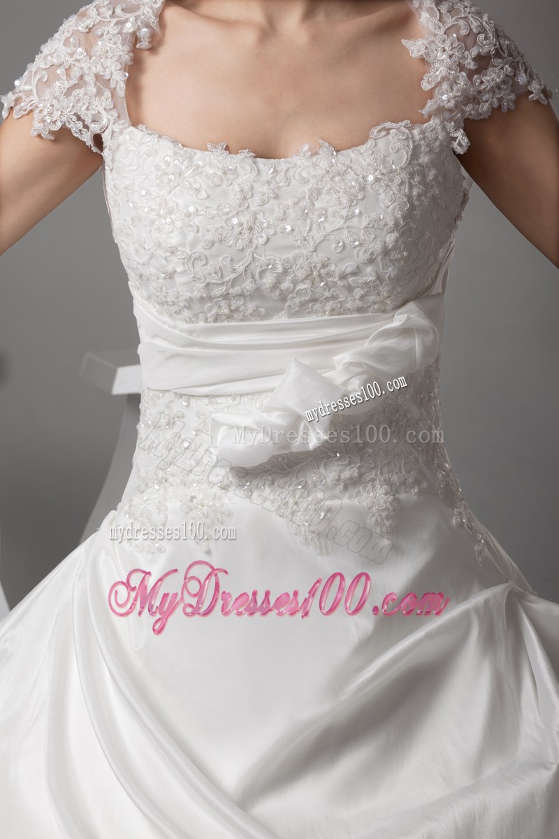 Lace Flowers Cap Sleeves Puffy Back Out Bridal Dresses with Brush Train