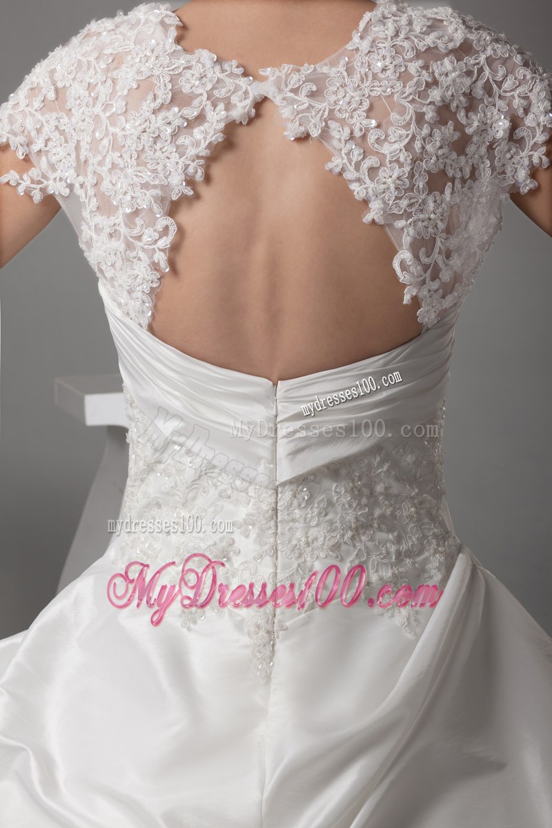Lace Flowers Cap Sleeves Puffy Back Out Bridal Dresses with Brush Train