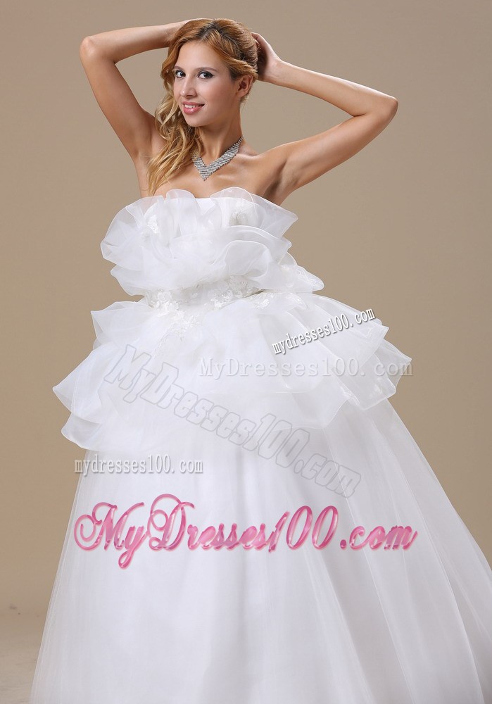 Unique Floor-length Bridal Gowns with Ruffled Neckline and Appliqued Sash
