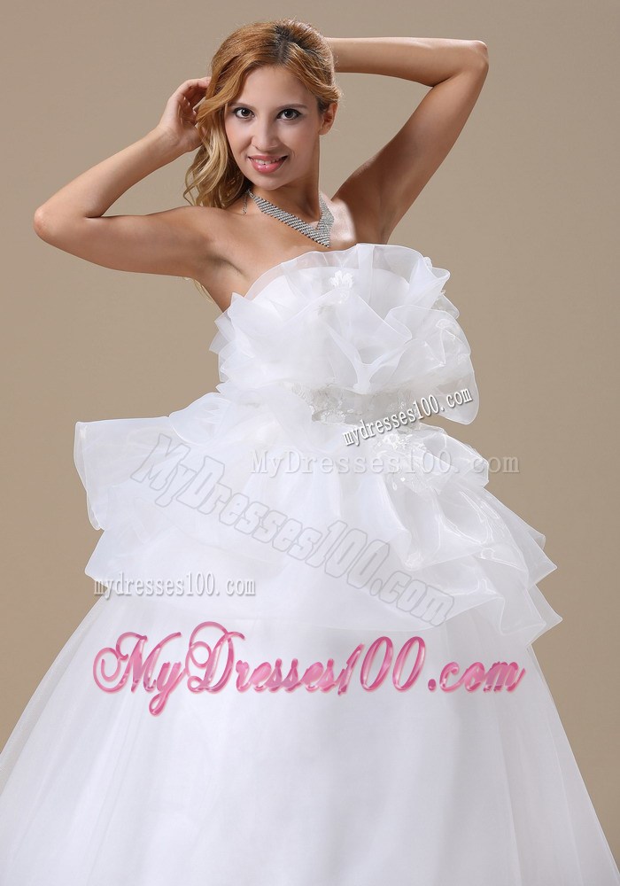 Unique Floor-length Bridal Gowns with Ruffled Neckline and Appliqued Sash