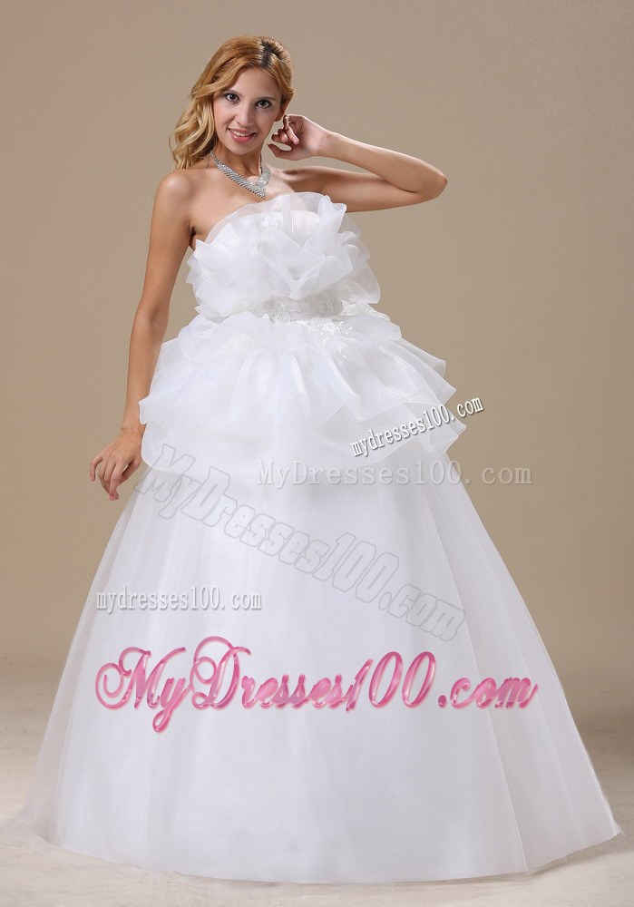 Unique Floor-length Bridal Gowns with Ruffled Neckline and Appliqued Sash