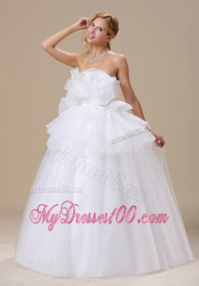 Unique Floor-length Bridal Gowns with Ruffled Neckline and Appliqued Sash