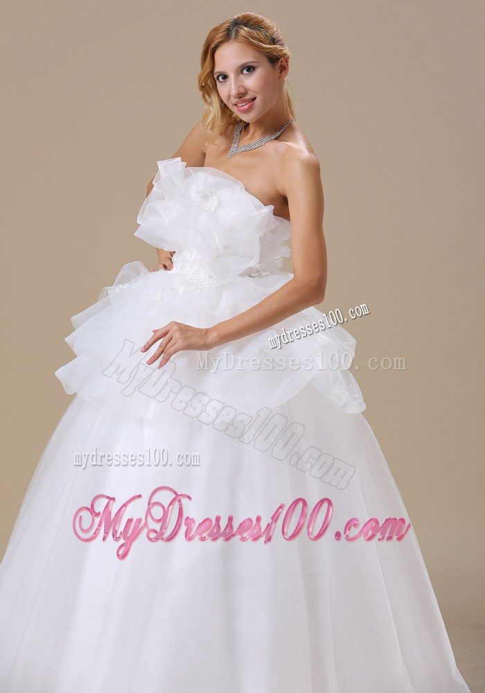 Unique Floor-length Bridal Gowns with Ruffled Neckline and Appliqued Sash