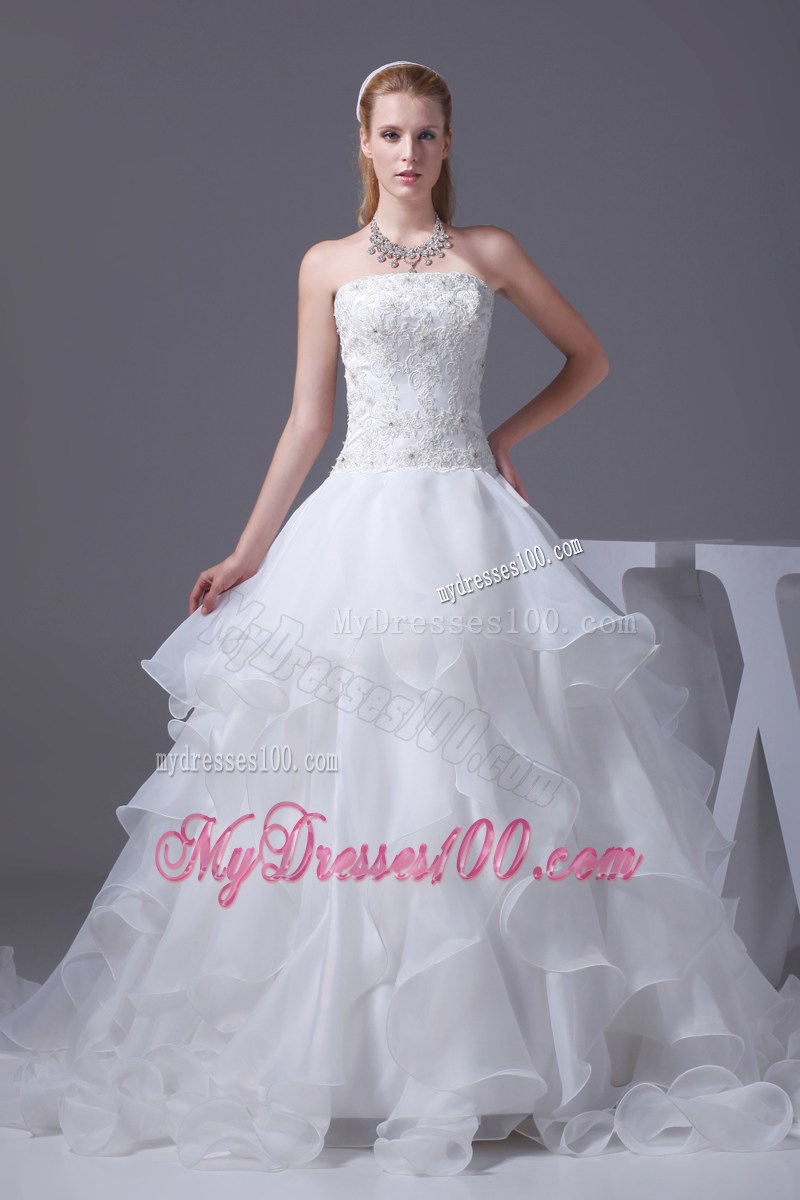 Appliques with Beading Decorated Ruffles Brush Train Dresses for Wedding