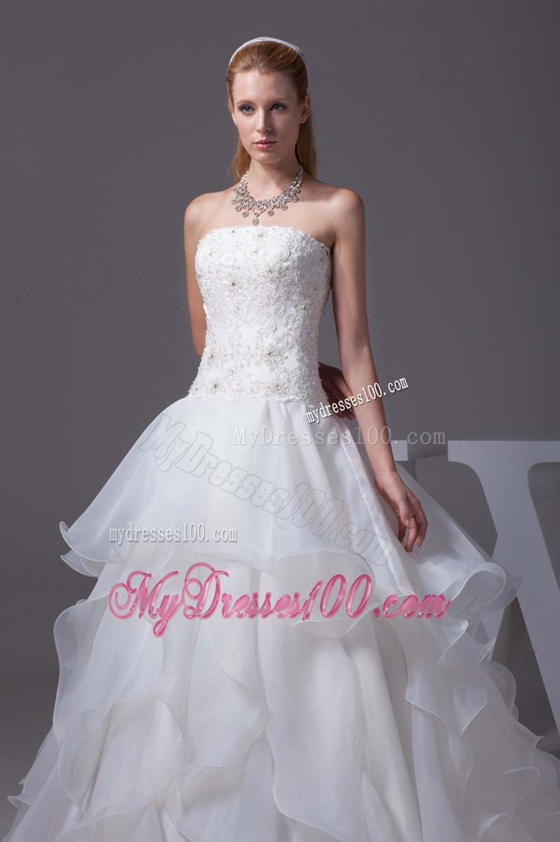 Appliques with Beading Decorated Ruffles Brush Train Dresses for Wedding