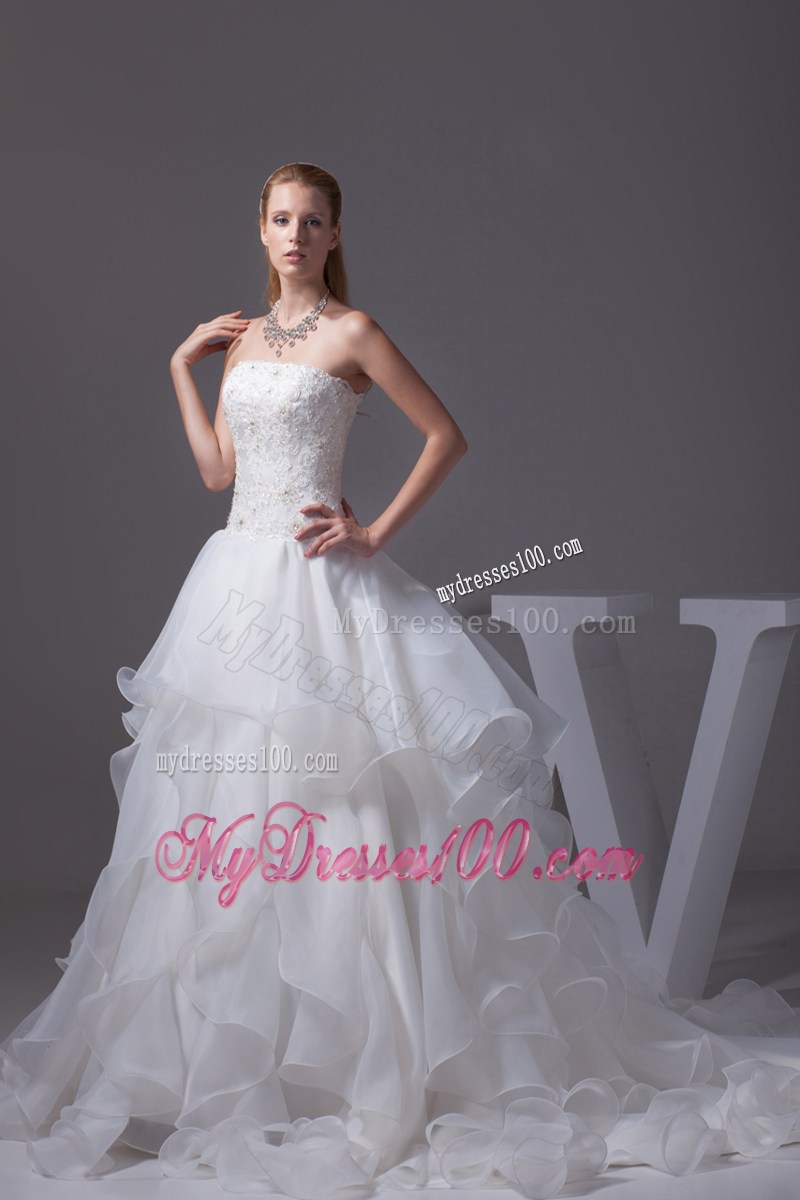 Appliques with Beading Decorated Ruffles Brush Train Dresses for Wedding
