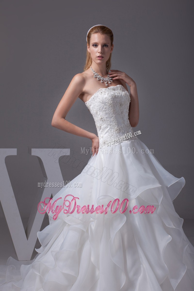 Appliques with Beading Decorated Ruffles Brush Train Dresses for Wedding