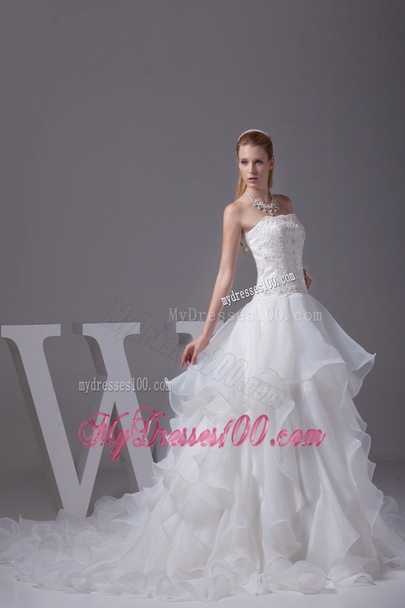 Appliques with Beading Decorated Ruffles Brush Train Dresses for Wedding